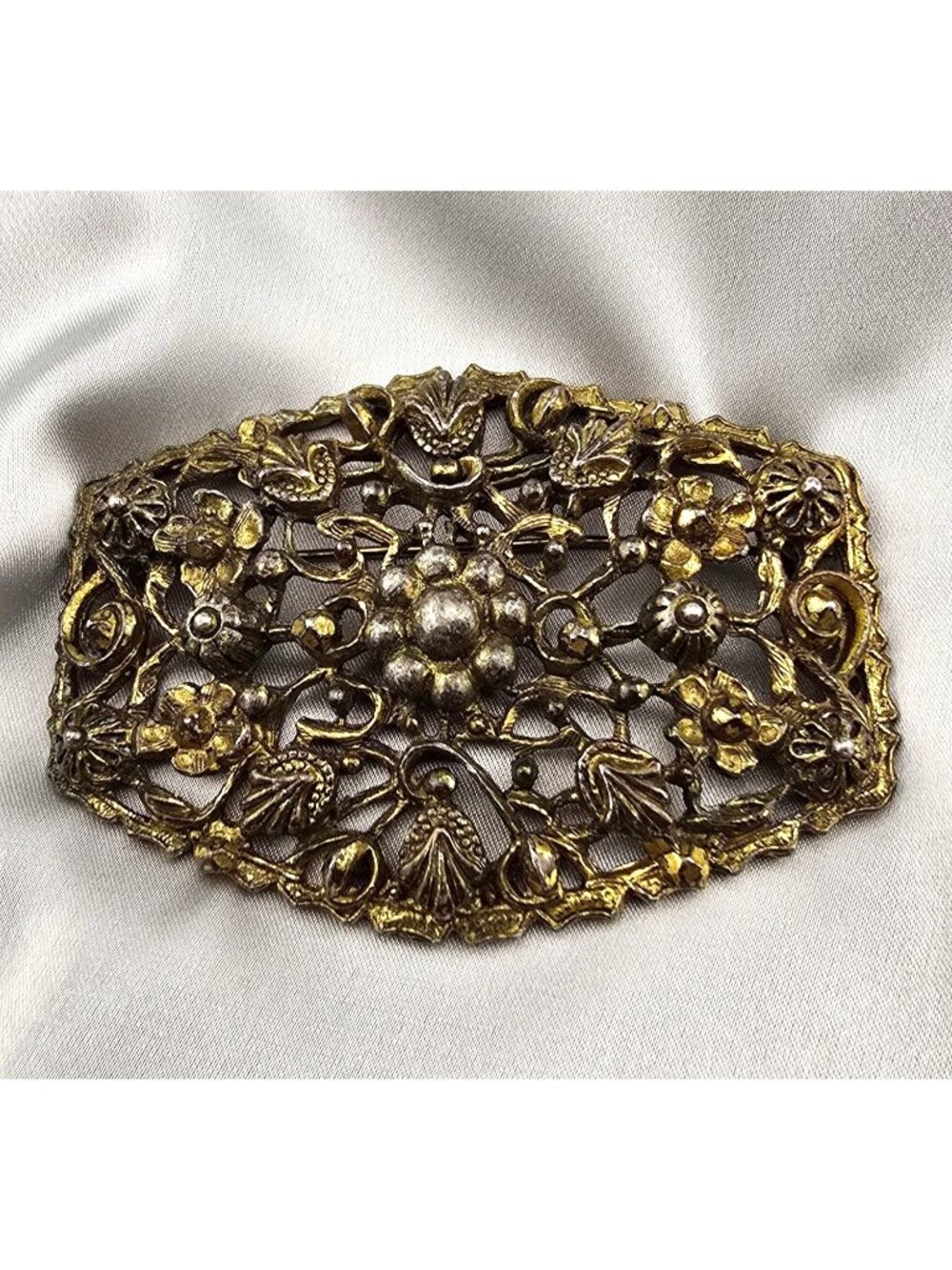 Antique Ornate Floral Pot Metal Brooch With Gold & Silver-Tone Filigree READ - Picture 1 of 10